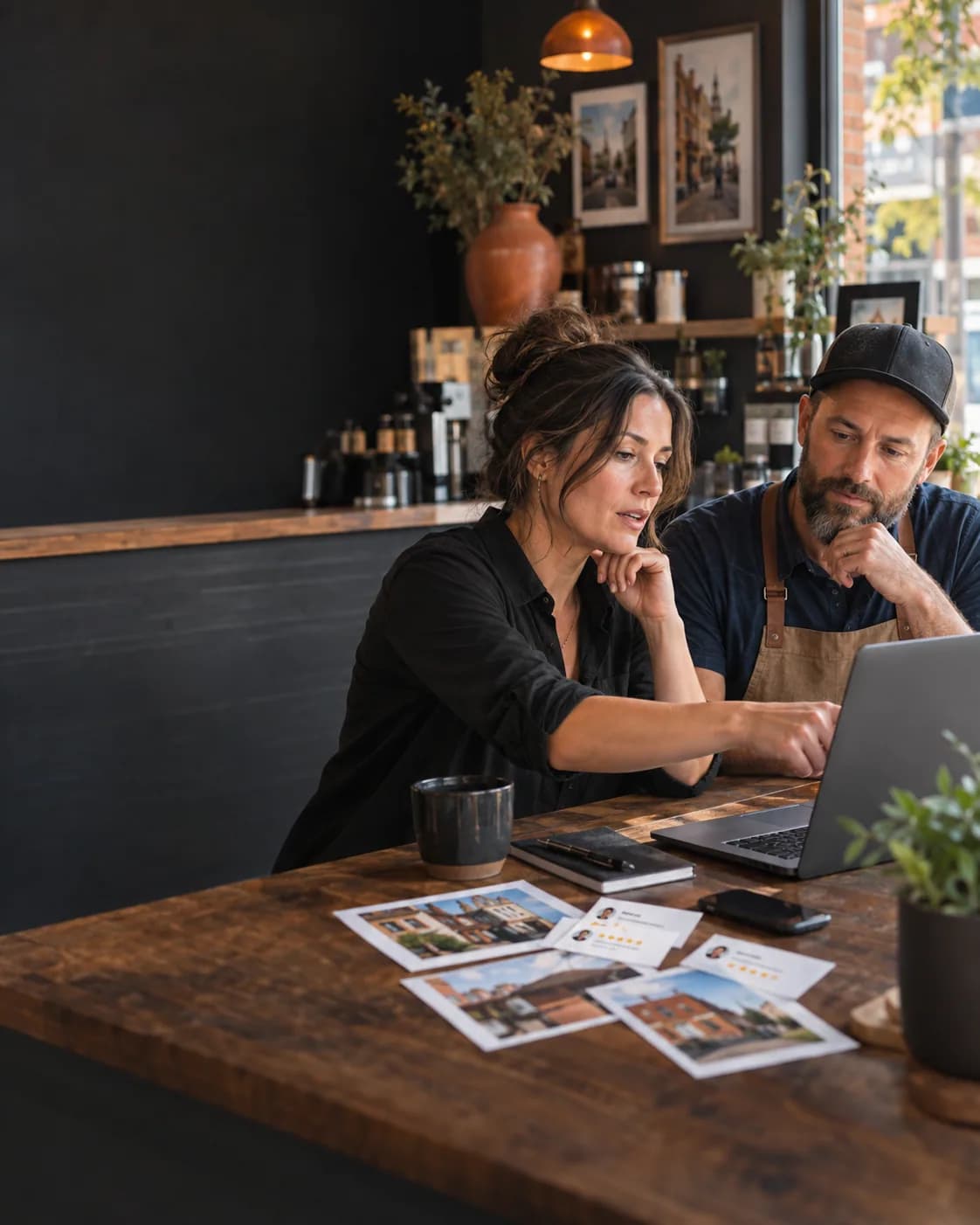 Marketing strategists and a business owner reviewing customer feedback — TML Agency