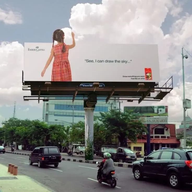 Concept billboard for a stationery brand: a girl drawing the sky, by TML Agency