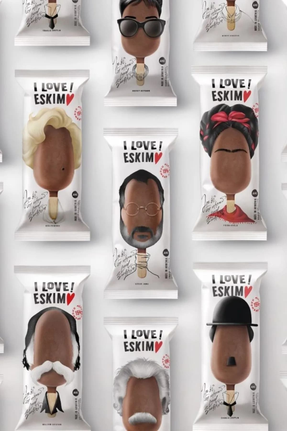 Concept ice-cream packaging with illustrated character faces, by TML Agency
