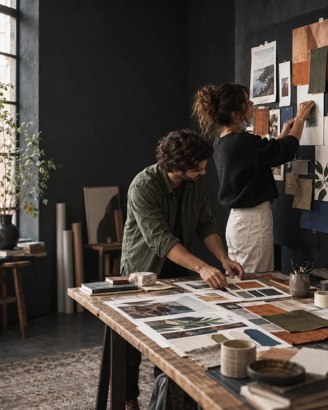 Brand designers arranging a brand moodboard and visual identity system — TML Agency