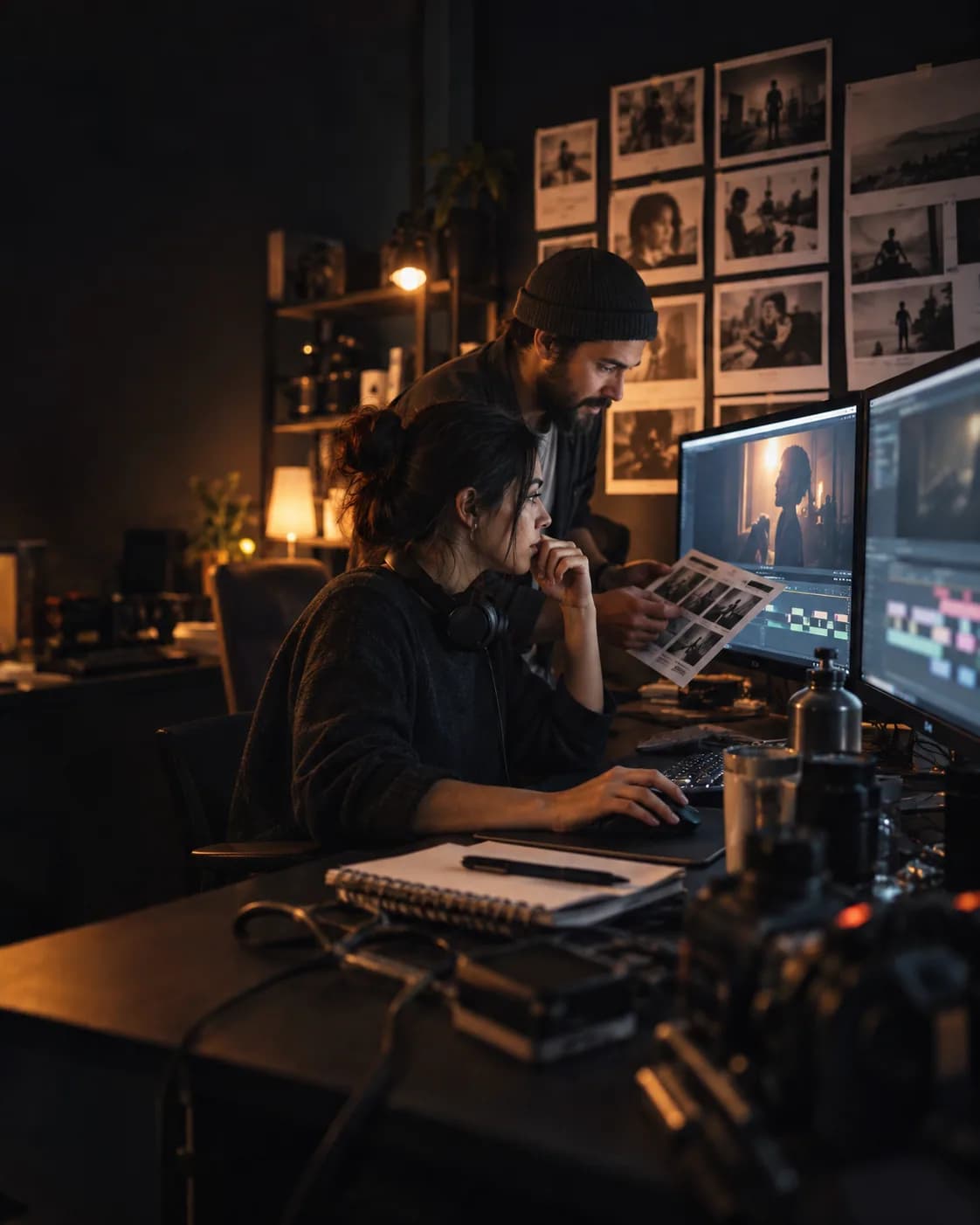 Video editor and director reviewing footage and a storyboard — TML Agency