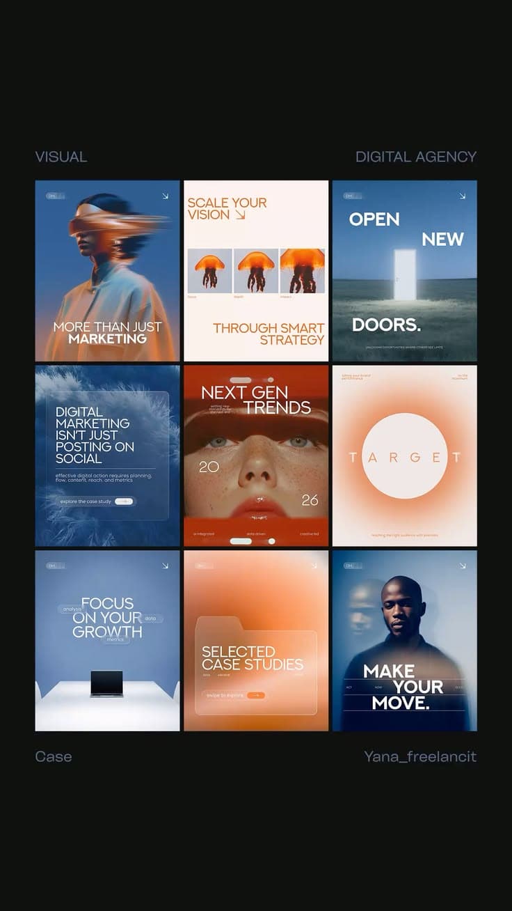 Digital agency social media feed โ blue and orange brand identity
