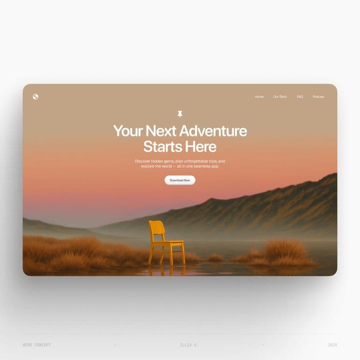 Travel adventure app website hero section โ full-bleed desert landscape with strong CTA by TML Agency